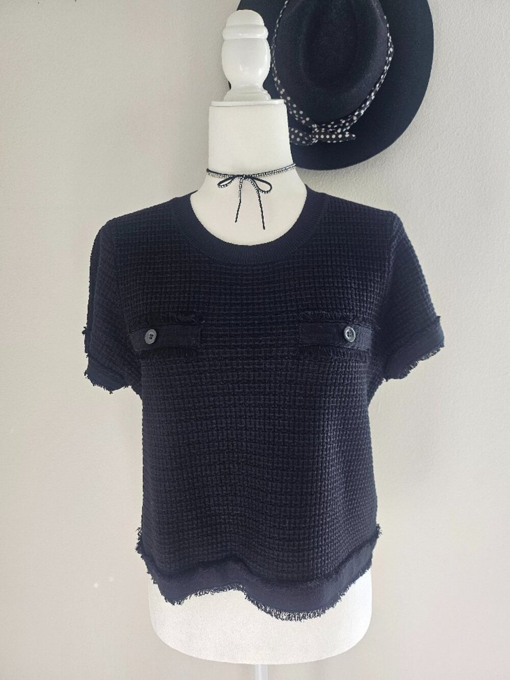 Adrianna Papell Black Boxy Tweed Knit Crop Top NWT Small (Oversized Fit)
